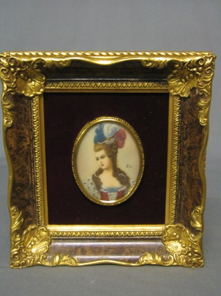 A reproduction portrait miniature of a 17th Century lady, 3" oval