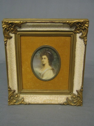 A reproduction 17th Century style portrait miniature of a lady standing by a tree, 3" oval