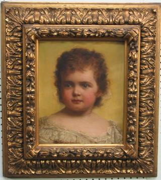 H Schmiechen, oil on board, head and shoulders portrait of a young girl, signed and dated 1888, contained in a heavy gilt frame 12" x 10" (removed from a local house clearance)