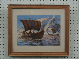 W McDowell, watercolour "Two Viking Long Ships" 7" x 10"