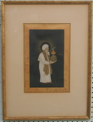 19th Century Persian School, watercolour, "Standing Sage with Sphere" 9" x 5"