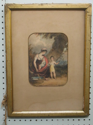 An 18th Century naive watercolour drawing "Mother by a Tree Stump with Two Children" 7" x 5"