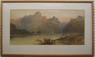 19th Century lithograph "Mountain Lake with Figures" 8" x 19"