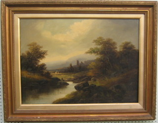 G Vincent?, Victorian oil on board "Highland River Scene with Figure Fishing" 18" x 25" (relined)