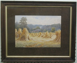 Watercolour drawing "Country Scene with Hay Stacks" monogrammed D C M 7" x 10"
