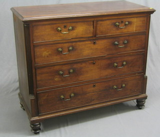 A Georgian mahogany chest of 2 short and 3 long drawers with brass swan neck drop handles and canted column corners, raised on turned feet with original brass swan neck drop handles, 48" (missing some beading)