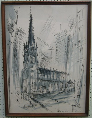 Franz Bueb, a 1950's pen drawing "City Church" signed and dated '51 and with blind proof stamp to the corner 30" x 21"