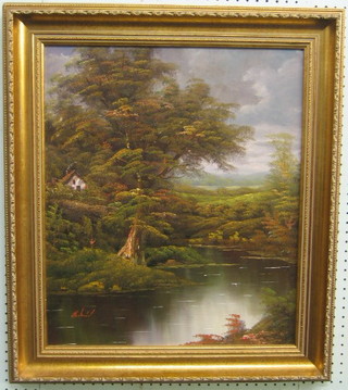 20th Century Continental School, oil painting on canvas "Lake with Tree" 22" x 19"