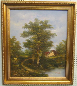 T Hall, 20th Century Continental oil painting on canvas "Study of Lake with Tree and House" 24" x 19"