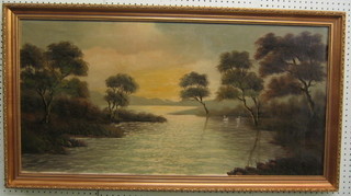 M S Haiffey, 20th Century oil on canvas "Lake at Dusk with Swans and Mountains in Distance" 19" x 38"