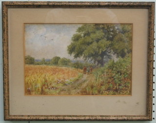 Rab Greeman, impressionist watercolour "Figure Leading 2 Horses by a Cornfield" 8" x 11" signed