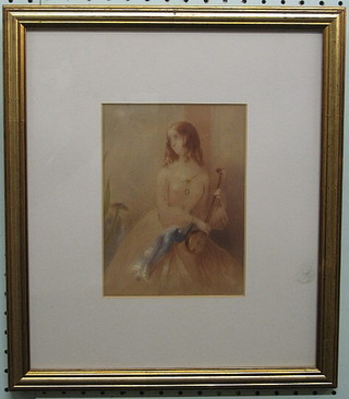 S B Godbold, watercolour "Seated Lady with Lute" 7" x 5"