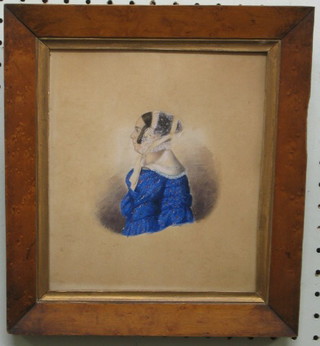 Adolphe 19th Century head and shoulders portrait "Governess" contained in a maple frame 8" x 7"