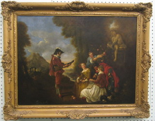 An 18th Century style oil painting on canvas "Figures with Minstrel" 17" x 23" (re-lined)