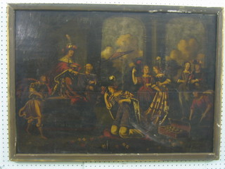 An Old Master, oil painting on board "Court Scene with Figures and Attendants" 23" x 32" (crack to board)