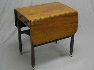 A 19th Century mahogany Pembroke table fitted a drawer with shaped undertier raised on square tapering supports ending in brass caps and castors (top rising slightly and some light scratches) 27"