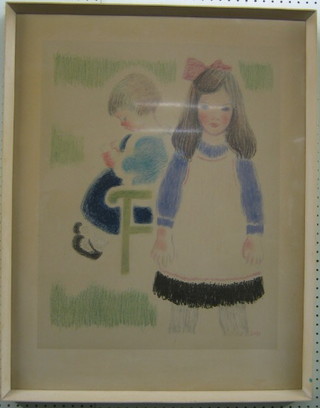 Continental Naive School, pencil drawing "Two Children" monogrammed S H 25" x 20"