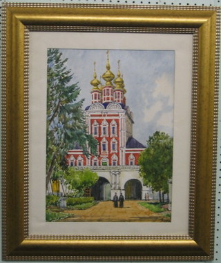 20th Century Russian School, watercolour, "Church with 2 Walking Priests" 16" x 12"