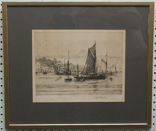 Robert Smith, an etching "Barges by Harbour", signed, 6" x 9",