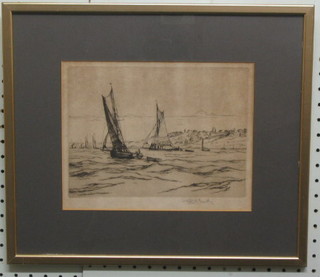 Robert Smith, an etching "Barges of Coast Line", signed, 6" x 9"
