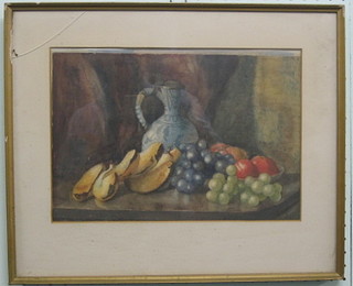 E Montoya, watercolour, still life study "Salt Glazed Flagon and Fruit" 10" x 13 1/2"