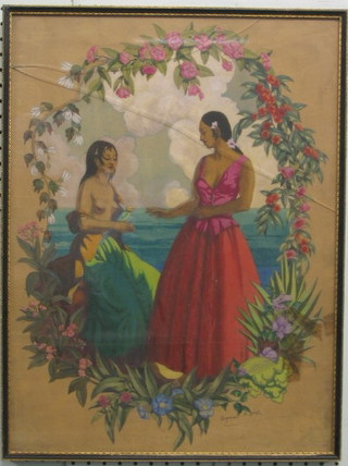 Reginald H Leefe, watercolour drawing "Two Standing Eastern Girls" 21" x 16"