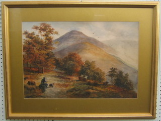 N M Watson, watercolour drawing "Highland Scene with Seated Cowman and Cattle" 15" x 22"