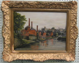19th/20th Century oil painting on board "River Scene with Industrial Buildings" 11" x 15"