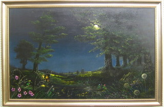 Christopher Robin, 20th Century oil on canvas "Mythical Evening Scene with Pixies and Figures" 30" x 47" signed and dated '97