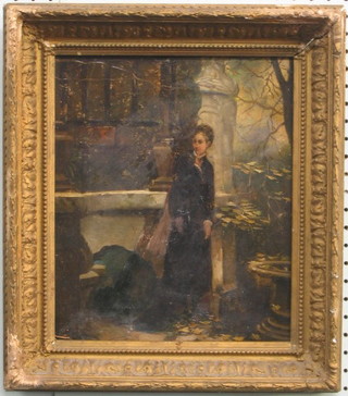 19th Century oil painting on canvas "Standing Lady in a Garden" (heavily crazed) 12" x 10" contained in a gilt frame