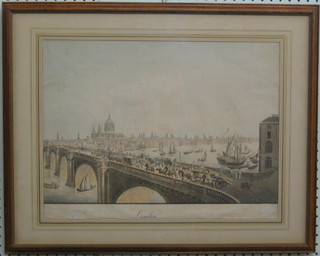 18th/19th Century coloured print of a London bridge with St Paul's in the Distance, 13" x 19"