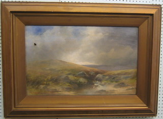 G Shaw 19th Century oil painting on canvas "Moorland Scene" signed 15" x 24" (holed) contained in a gilt frame