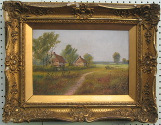 F Chellin, 19th Century oil painting on canvas "Two Country Cottages" 8" x 12"