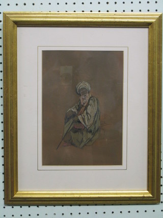 Preziosi, 19th Century watercolour "Bearded Gentleman Seated with a Stick"  10" x 7" 
