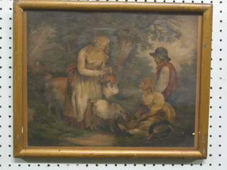 18th Century coloured print "Children Feeding Goats" 10" x  13"