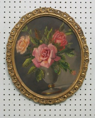 20th Century oil on board "Still Life Study Vase of Pink Roses" 12" oval
