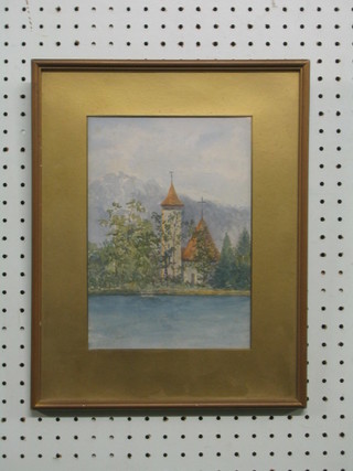 An Alpine watercolour drawing "Lake and Church with Snow Capped Mountains in Distance" 10" x 6"