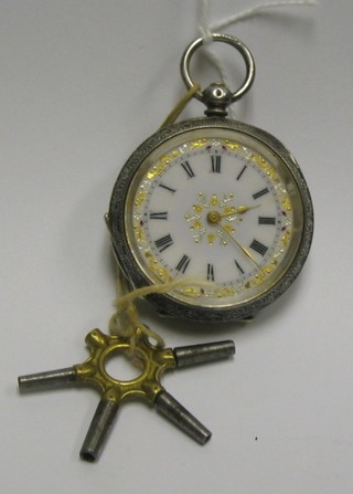 A lady's Continental open faced pocked watch with enamel dial contained in a chased silver case