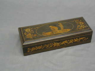 A 19th Century inlaid marquetry glove box decorated 2 standing fisherman (escutcheon missing) 11"