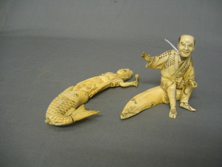A 19th Century Oriental carved ivory figure of a Deity being swallowed by a fish 7" (hand f) together with a figure seated on a trunk 4" (some damage)