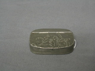 A pewter snuff box, the hinged lid decorated a fox hunting scene by G Smiths & Sons