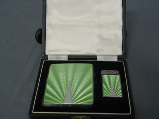 An Art Deco silver and green enamel lady's 2 piece smoking set with cigarette case and lighter, Birmingham 1936, cased