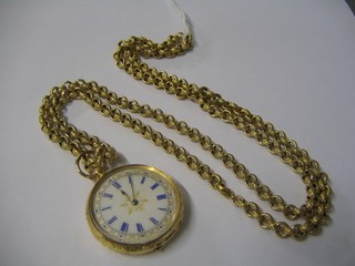 An open faced fob watch contained in a 14ct chased gold case  hung on a gilt chain