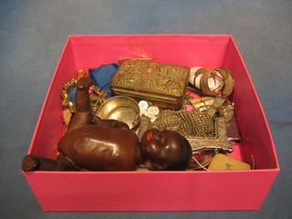 A lady's silver plated chain link evening bag, an antimony box, a figure of a black baby doll (head f) and a collection of costume jewellery etc 