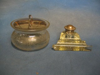 An Art Deco cut glass and silver plated inkwell with hinged lid 4" and a circular etched glass powder bowl with silver plated lid