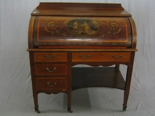 An Edwardian painted mahogany cylinder bureau with well fitted interior, above 1 long and 3 short drawers 40"