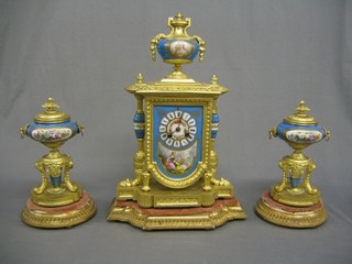 A handsome 19th Century French 3 piece clock garniture comprising 8 day striking mantel clock contained in a gilt metal and "Sevres" porcelain case surmounted by a lidded urn, the dial painted romantic scenes with Roman numerals, together with 2 side pieces