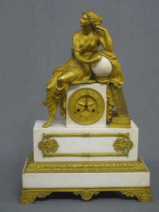 A handsome 19th Century French mantel clock  with gilt dial and Roman numerals marked Leysza Nancy, contained in an Ormolu mounted and white marble case, surmounted by a figure of a seated learned lady with globe and books 15"