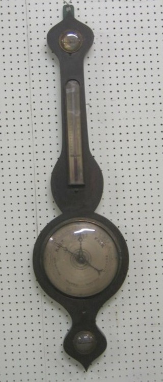A 19th Century mercury wheel barometer and thermometer with 8" silvered dial, damp/dry indicator and spirit level, contained in a stained mahogany wheel case