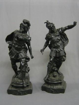 A handsome pair of Victorian spelter figures of standing warriors 26" (1 with later replacement sword)